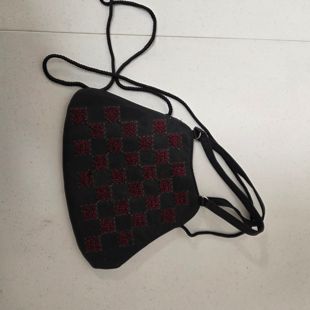 Kathie Lee Collection Black Satin Beaded Checkerboard Crossbody Evening Bag